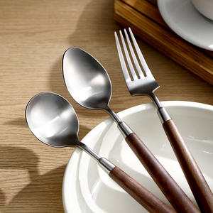 胡桃木叉勺家用304不锈钢木柄勺子叉子木质餐具儿童汤饭勺调羹